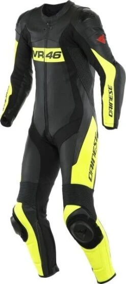 Dainese VR46 Tavullia Leather 1-PC Suit Perf. Black Yellow - Motorpakken - Kleding